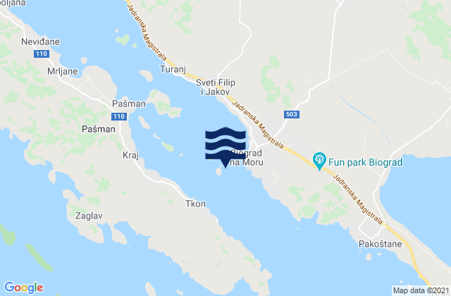 Mapa da tábua de marés em Grad Biograd na Moru, Croatia