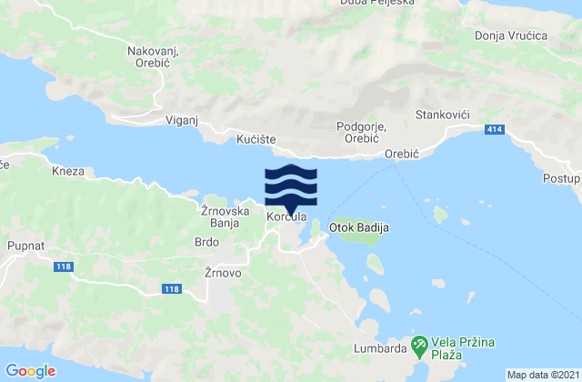 Mapa da tábua de marés em Grad Korčula, Croatia