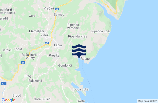 Mapa da tábua de marés em Grad Labin, Croatia