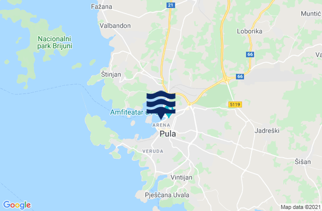 Mapa da tábua de marés em Grad Pula, Croatia