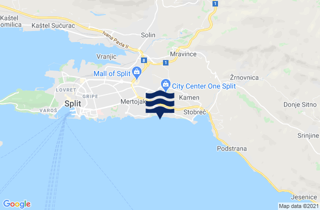 Mapa da tábua de marés em Grad Split, Croatia