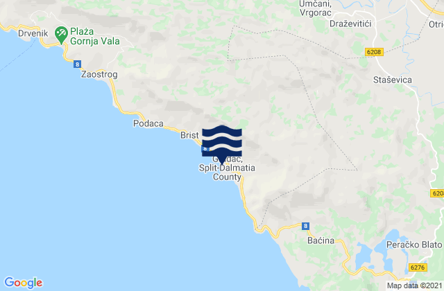 Mapa da tábua de marés em Gradac, Croatia