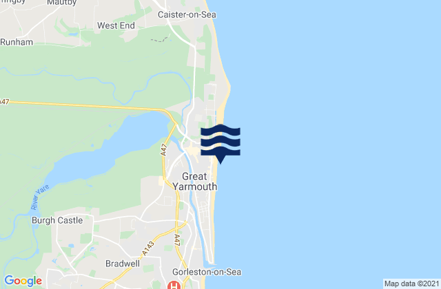 Mapa da tábua de marés em Great Yarmouth, United Kingdom