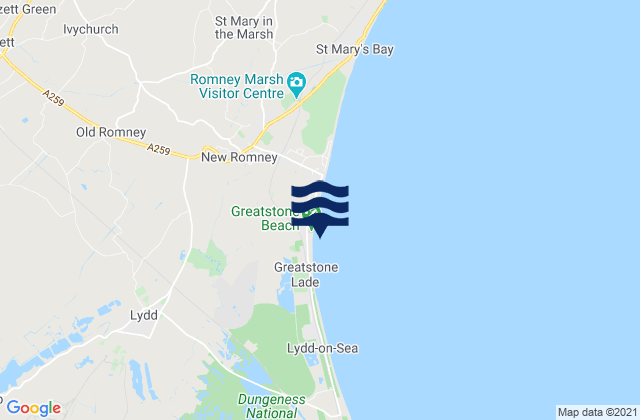 Mapa da tábua de marés em Greatstone Beach, United Kingdom