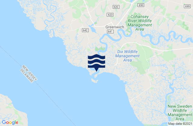 Mapa da tábua de marés em Greenwich Pier Cohansey River, United States