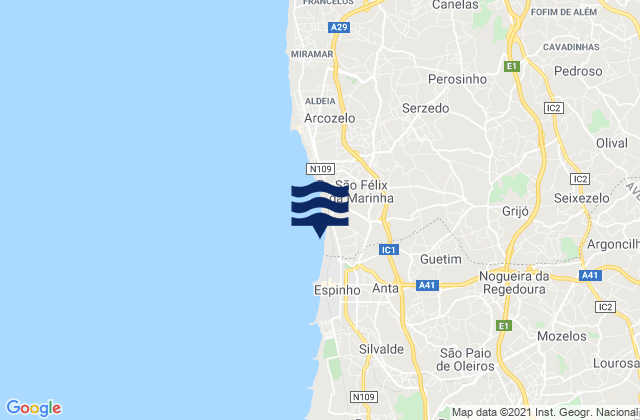 Mapa da tábua de marés em Grijó, Portugal
