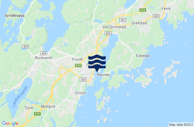 Mapa da tábua de marés em Grimstad, Norway