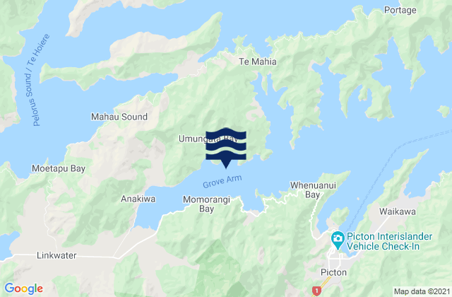 Mapa da tábua de marés em Grove Arm, New Zealand