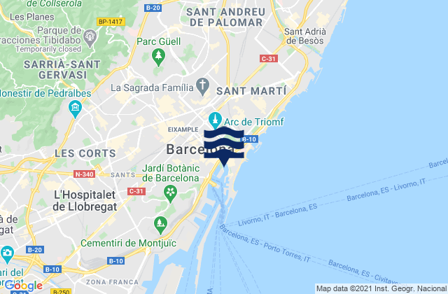 Mapa da tábua de marés em Gràcia, Spain