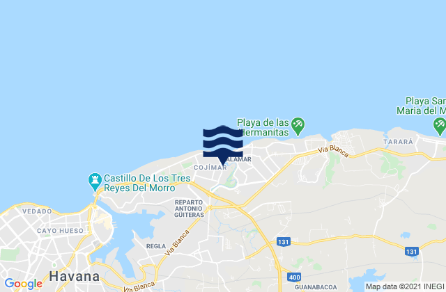Mapa da tábua de marés em Guanabacoa, Cuba