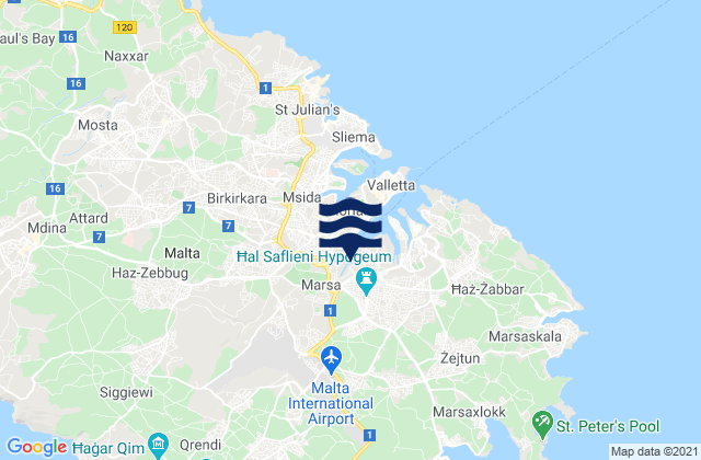 Mapa da tábua de marés em Gudja, Malta