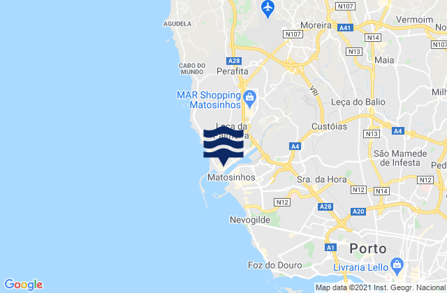 Mapa da tábua de marés em Guifões, Portugal