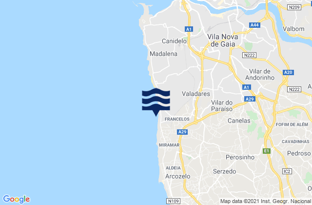 Mapa da tábua de marés em Gulpilhares, Portugal