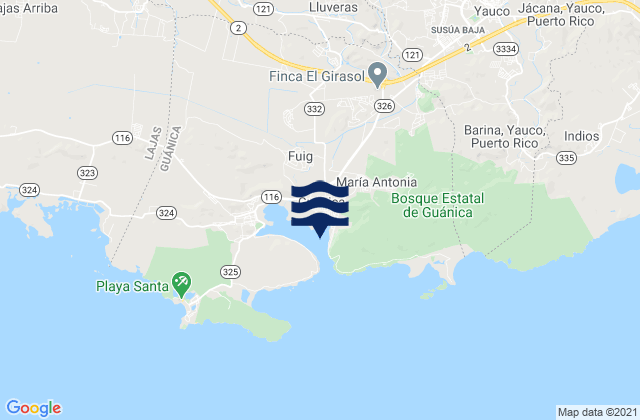 Mapa da tábua de marés em Guánica, Puerto Rico