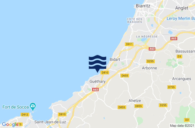 Mapa da tábua de marés em Guéthary, France