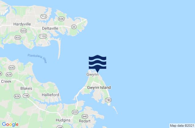Mapa da tábua de marés em Gwynn Island, United States