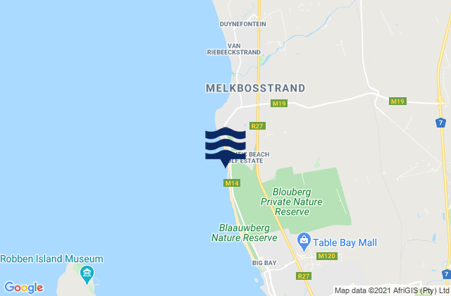 Mapa da tábua de marés em Haakgat, South Africa
