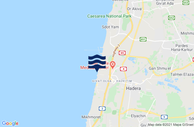 Mapa da tábua de marés em Hadera, Israel