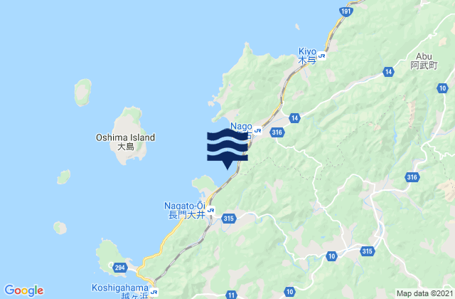 Mapa da tábua de marés em Hagi Shi, Japan