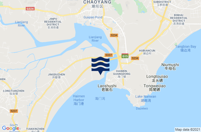 Mapa da tábua de marés em Haimen, China