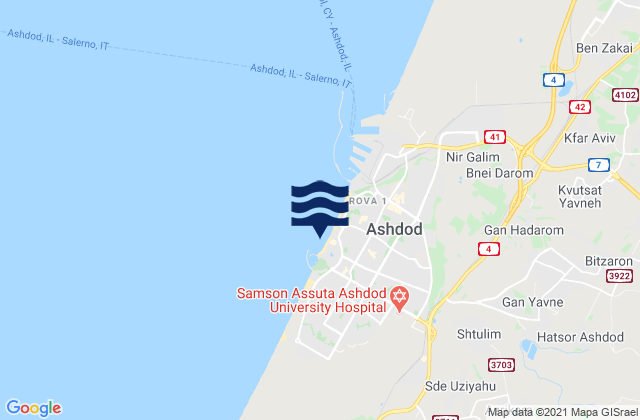 Mapa da tábua de marés em Hakshtot (Ashdod), Israel
