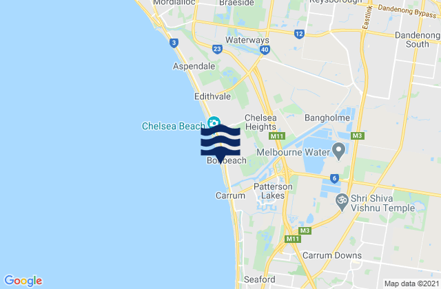 Mapa da tábua de marés em Hallam, Australia