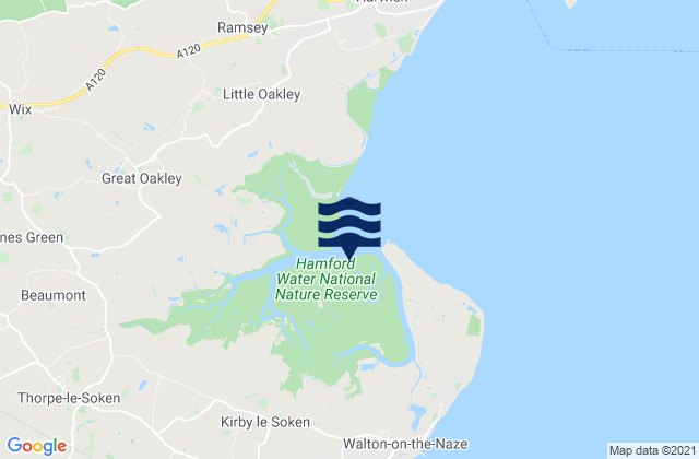 Mapa da tábua de marés em Hamford Water, United Kingdom