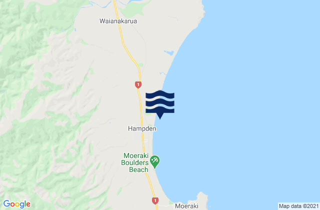 Mapa da tábua de marés em Hampden Beach, New Zealand