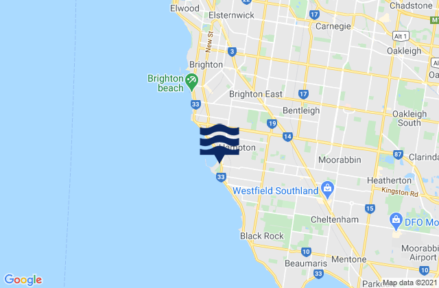 Mapa da tábua de marés em Hampton East, Australia