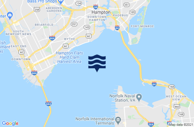 Mapa da tábua de marés em Hampton Roads, United States