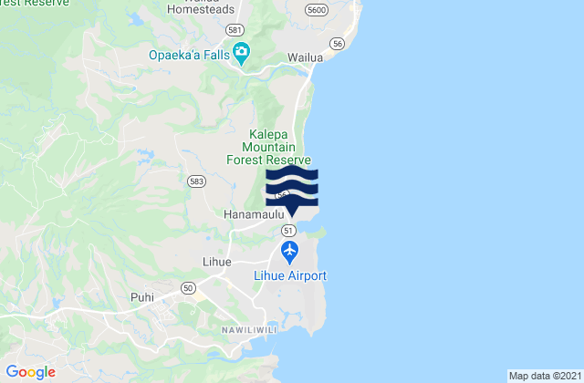 Mapa da tábua de marés em Hanamā‘ulu, United States