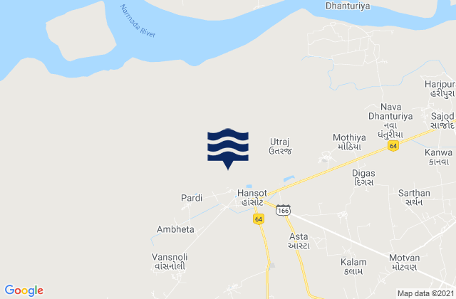 Mapa da tábua de marés em Hansot, India