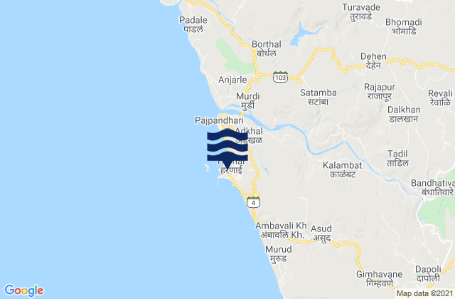Mapa da tábua de marés em Harnai, India