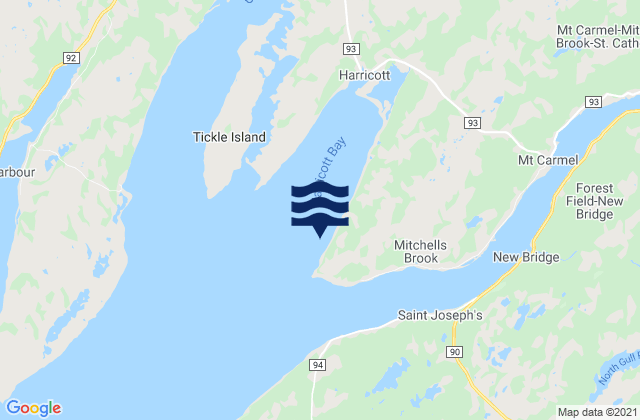 Mapa da tábua de marés em Harricott Bay, Canada
