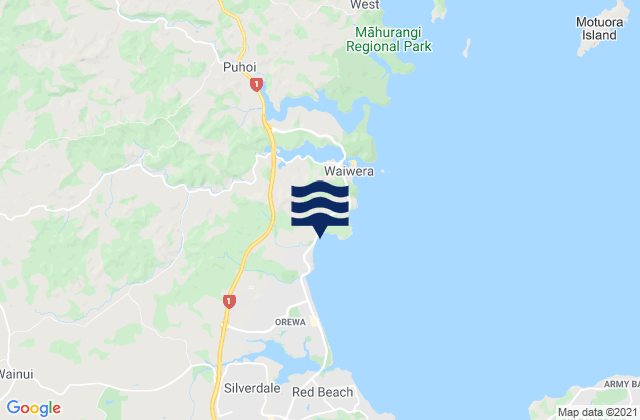Mapa da tábua de marés em Hatfields Beach, New Zealand