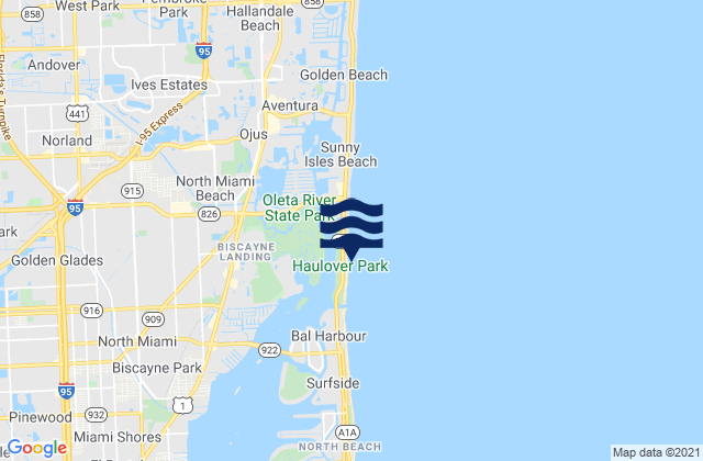 Mapa da tábua de marés em Haulover Beach, United States
