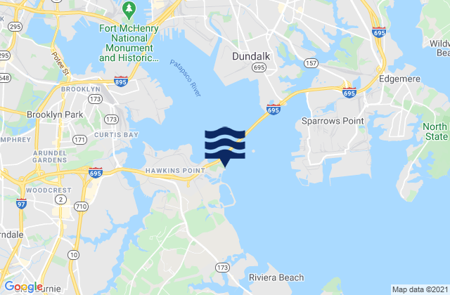 Mapa da tábua de marés em Hawkins Point, United States