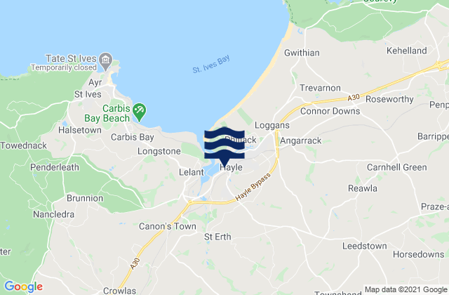 Mapa da tábua de marés em Hayle, United Kingdom