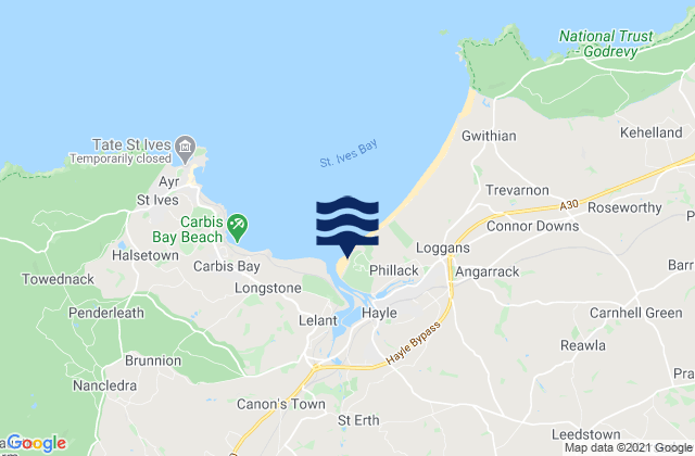 Mapa da tábua de marés em Hayle Towans Beach, United Kingdom