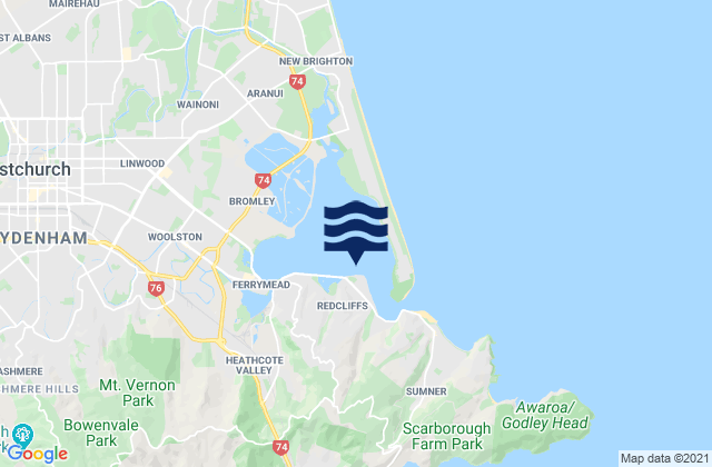 Mapa da tábua de marés em Heathcote and Avon Estuary, New Zealand