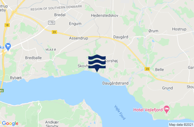 Mapa da tábua de marés em Hedensted, Denmark