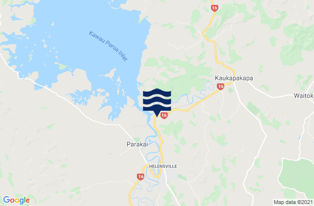 Mapa da tábua de marés em Helensville, New Zealand