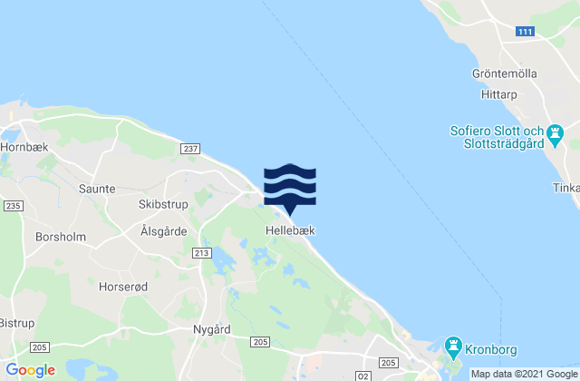 Mapa da tábua de marés em Hellebæk, Denmark