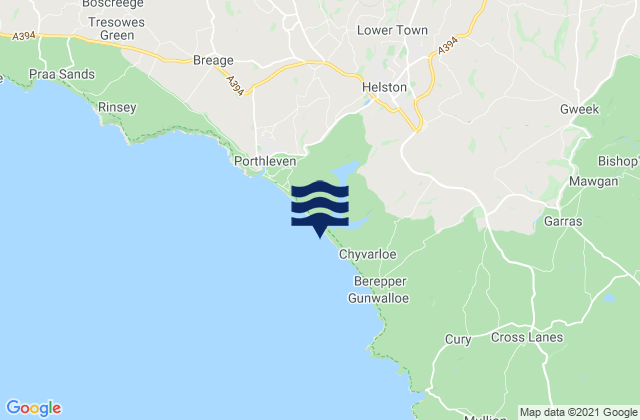 Mapa da tábua de marés em Helston, United Kingdom