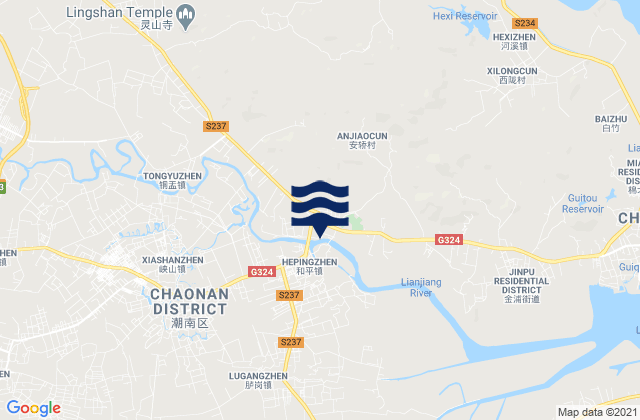 Mapa da tábua de marés em Heping, China