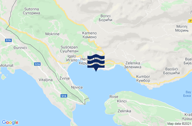 Mapa da tábua de marés em Herceg Novi, Montenegro