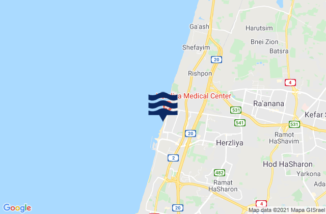 Mapa da tábua de marés em Herzliya Pituah, Israel