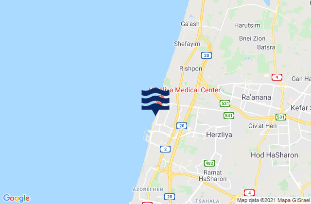 Mapa da tábua de marés em Herzliya, Israel
