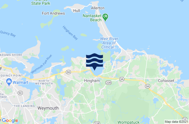 Mapa da tábua de marés em Hingham, United States
