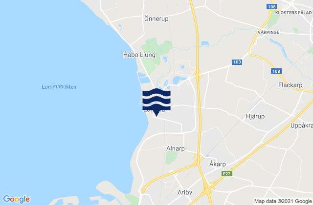 Mapa da tábua de marés em Hjärup, Sweden